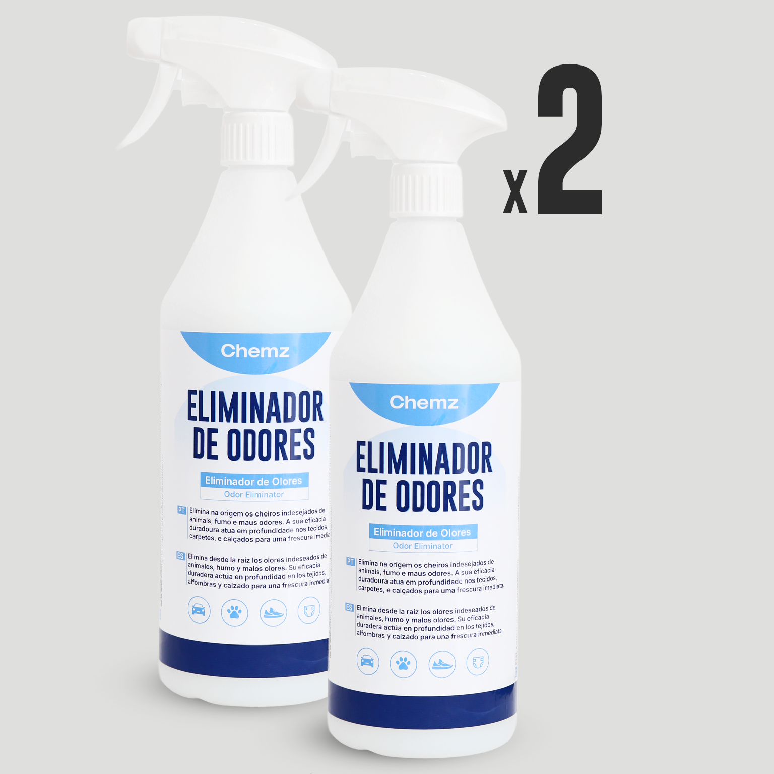 Chemz - Eliminador de Odores SEM PERFUME Profissional - Odores de Animais, Urina, Carpetes, Sofás, Tecidos, Sapatos. - 1000ml  - PACK 2 UNIDADES