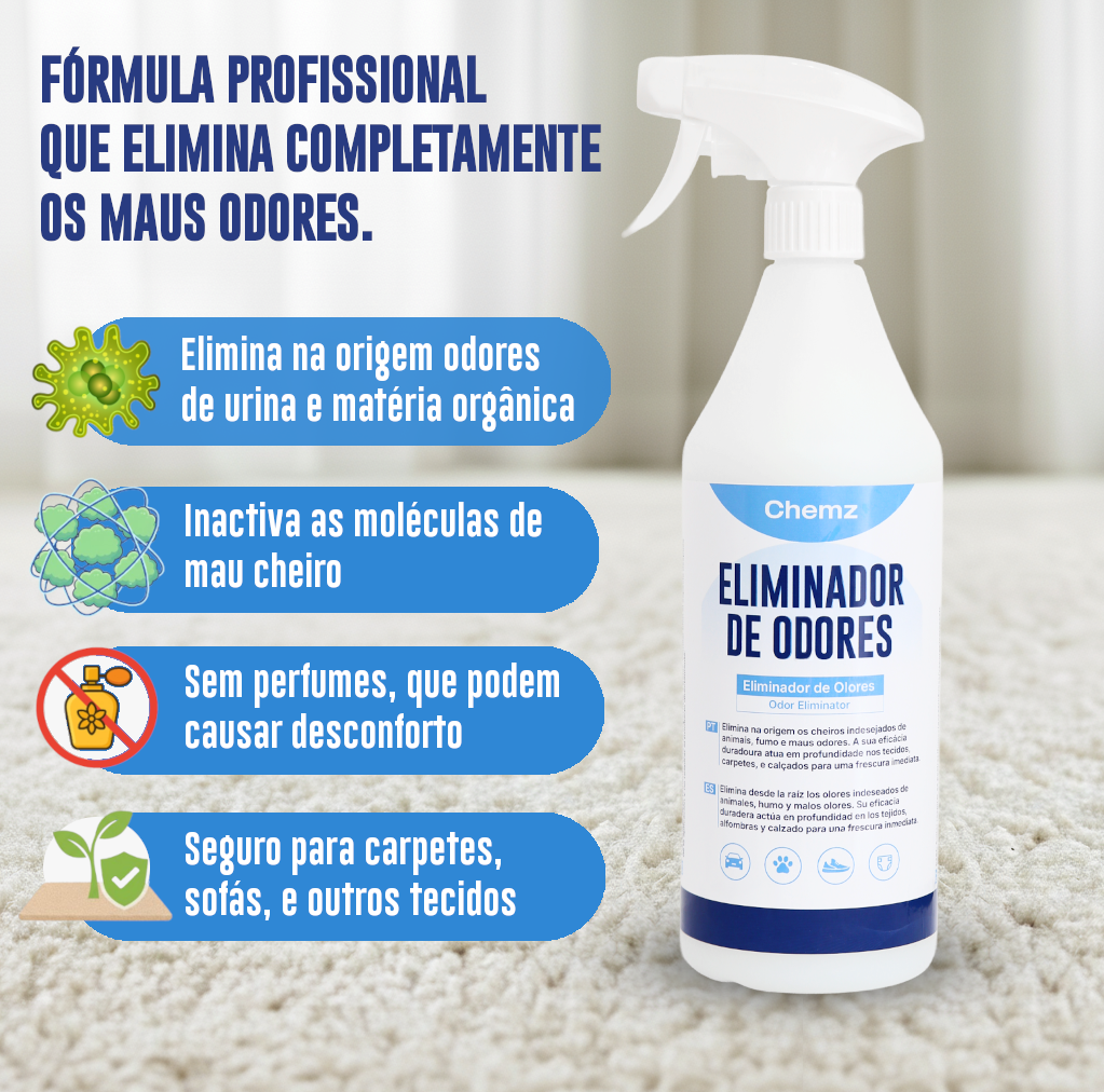 Chemz - Eliminador de Odores SEM PERFUME Profissional - Odores de Animais, Urina, Carpetes, Sofás, Tecidos, Sapatos. - 1000ml